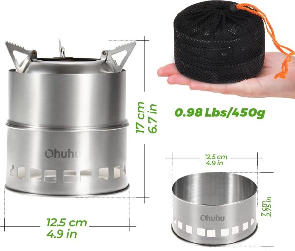 Camping Stove, Ohuhu Camp Stove Wood Burning Stove Stainless Steel Stoves Mini Portable Stove for Camping Picnic BBQ Backpacking Hiking Survival Emergency Cooking Outdoor with Grill Grid Carry Bag - Image 3
