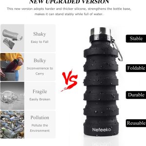 Nefeeko Collapsible Water Bottle, Reuseable BPA Free Silicone Foldable Water Bottles for Travel Gym Camping Hiking, Portable Leak Proof Sports Water Bottle with Carabiner