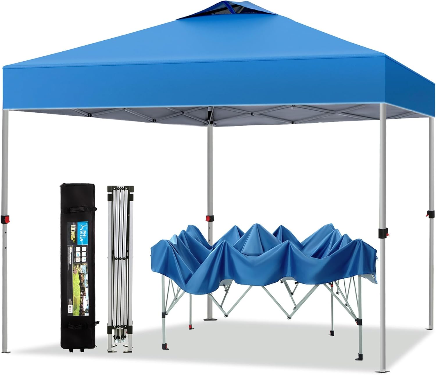 PHI VILLA Outdoor Pop up Canopy 10’x10′ Tent Camping Sun Shelter-Series Party Tent, 100 Sq. Ft of Shade (Blue)