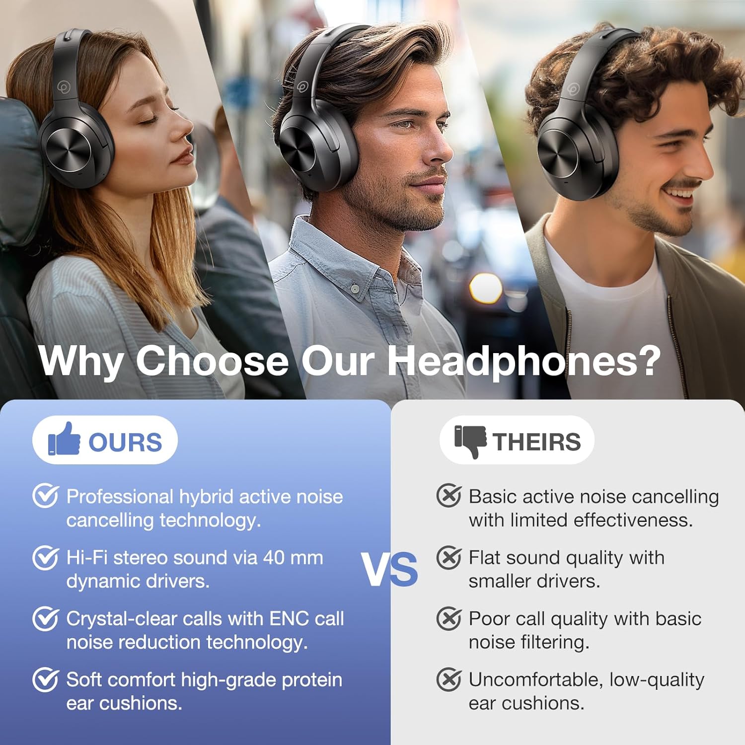 Noise Cancelling Headphones with HD Sound, Wireless Bluetooth Headphones Over The Ear Unequaled Comfort, Vivid Deep Bass, for Home Office Travel Birthday Gift, Black